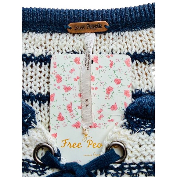 NWT Free People Navy White Striped Soft Knit Lace Up Sweater | Coastal Boho Prep - Picture 14 of 16